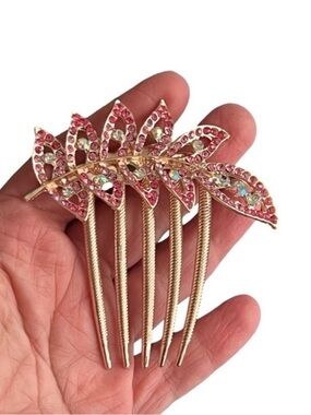 Gold Leaf Rhinestone Hair Comb - Pink Crystal Accent FINAL PRICE DROP